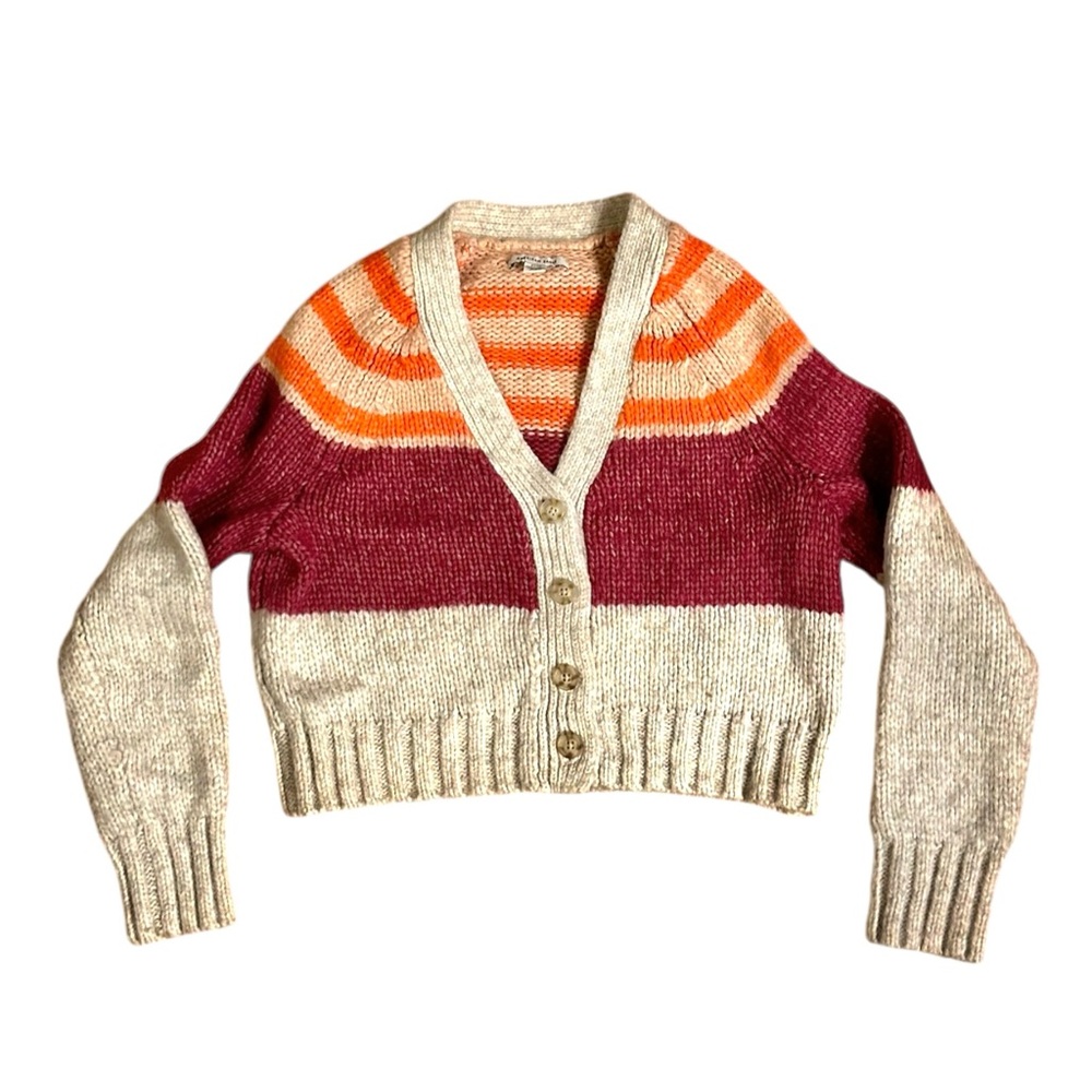 American Eagle Women's Crop Cardigan Sweater Small Wine Orange Ecru Striped
